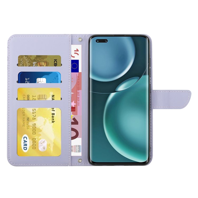 For Honor Magic4 Pro 5G Anti-fall Shockproof Flip Leather Case Butterfly Flowers Pattern Imprinted Wallet Scratch-proof Phone Cover Stand with Shoulder Strap - Light Purple