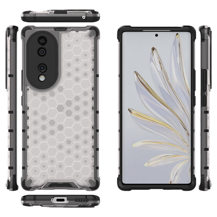 Honeycomb Textured Phone Case for Honor 70 5G, Reinforced Corners Soft TPU + Hard PC Hybrid Cover - Grey