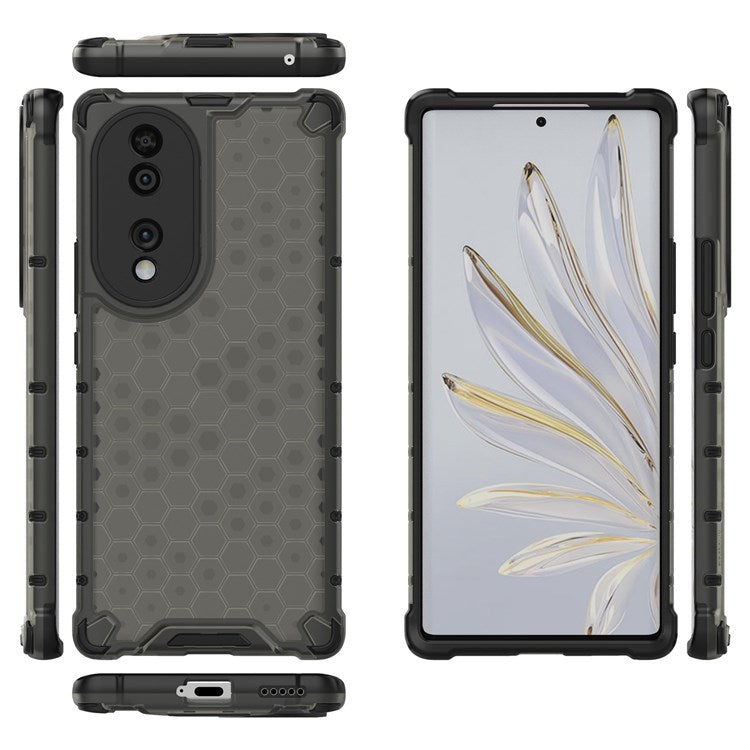 Honeycomb Textured Phone Case for Honor 70 5G, Reinforced Corners Soft TPU + Hard PC Hybrid Cover - Black