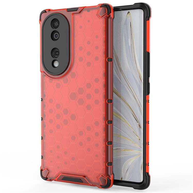 Honeycomb Textured Phone Case for Honor 70 5G, Reinforced Corners Soft TPU + Hard PC Hybrid Cover - Red
