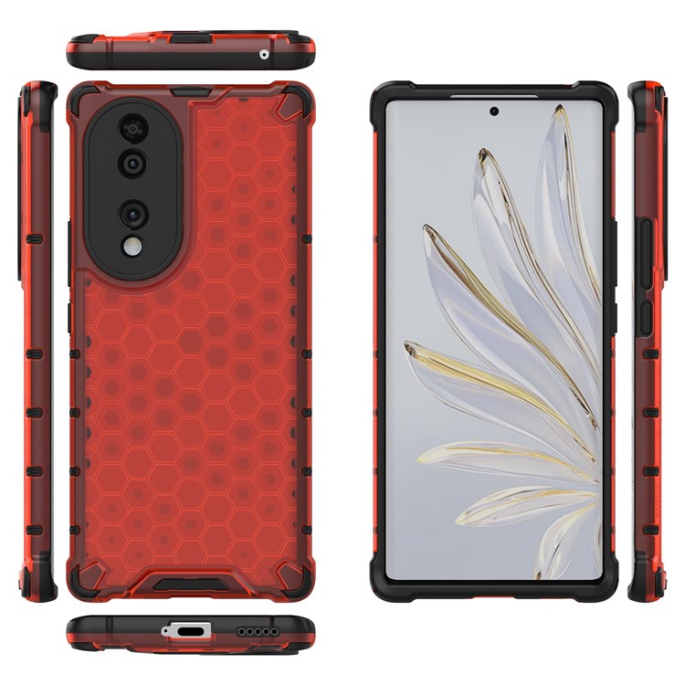 Honeycomb Textured Phone Case for Honor 70 5G, Reinforced Corners Soft TPU + Hard PC Hybrid Cover - Red