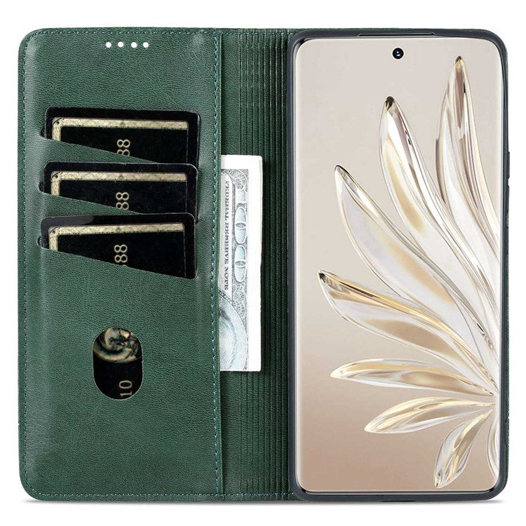 AZNS For Honor 70 5G Shockproof PU Leather Wallet Flip Cover Hidden Magnetic Absorption Stand Folio Phone Case - Blackish Green