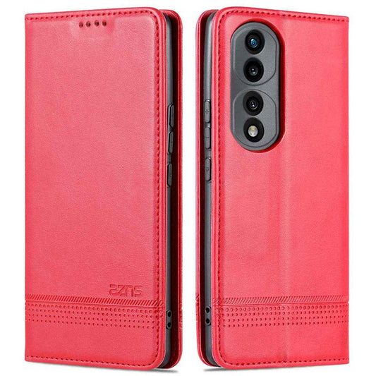 AZNS For Honor 70 5G Shockproof PU Leather Wallet Flip Cover Hidden Magnetic Absorption Stand Folio Phone Case - Red