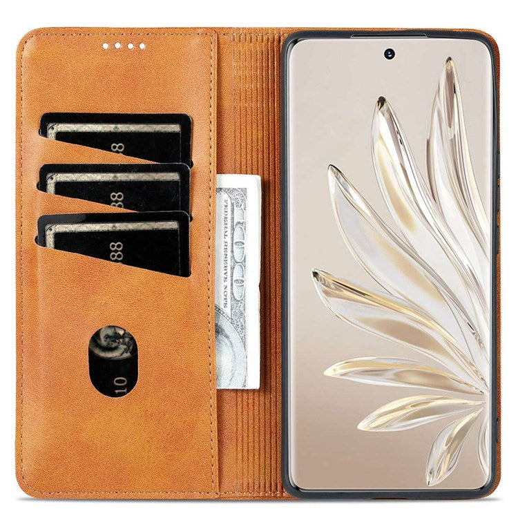 AZNS For Honor 70 5G Shockproof PU Leather Wallet Flip Cover Hidden Magnetic Absorption Stand Folio Phone Case - Brown