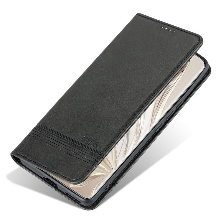 AZNS For Honor 70 5G Shockproof PU Leather Wallet Flip Cover Hidden Magnetic Absorption Stand Folio Phone Case - Black