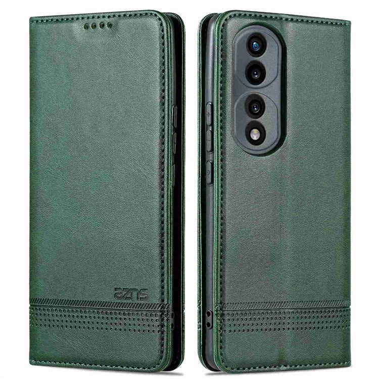 AZNS for Honor 70 Pro 5G Shockproof PU Leather Wallet Flip Cover Magnetic Absorption Stand Anti-scratch Folio Phone Case - Blackish Green