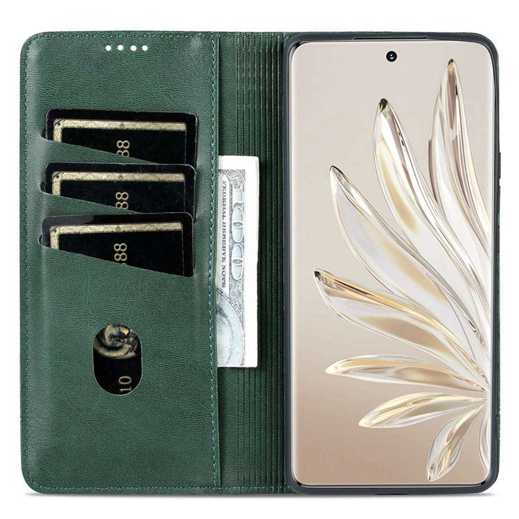 AZNS for Honor 70 Pro 5G Shockproof PU Leather Wallet Flip Cover Magnetic Absorption Stand Anti-scratch Folio Phone Case - Blackish Green