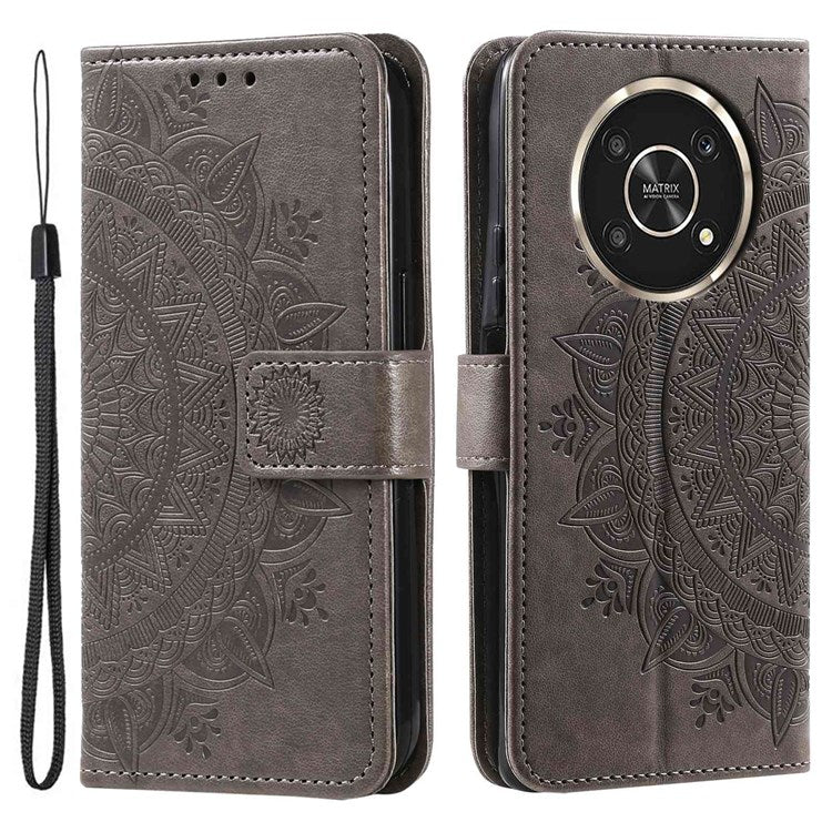 For Honor X30/X9 4G/5G Imprinted Mandala Flower Pattern Wrist Strap Wallet Case PU Leather Stand Feature Flip Cover - Grey