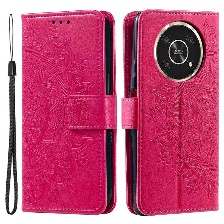 For Honor X30/X9 4G/5G Imprinted Mandala Flower Pattern Wrist Strap Wallet Case PU Leather Stand Feature Flip Cover - Rose