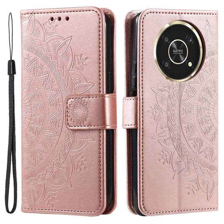 For Honor X30/X9 4G/5G Imprinted Mandala Flower Pattern Wrist Strap Wallet Case PU Leather Stand Feature Flip Cover - Rose Gold