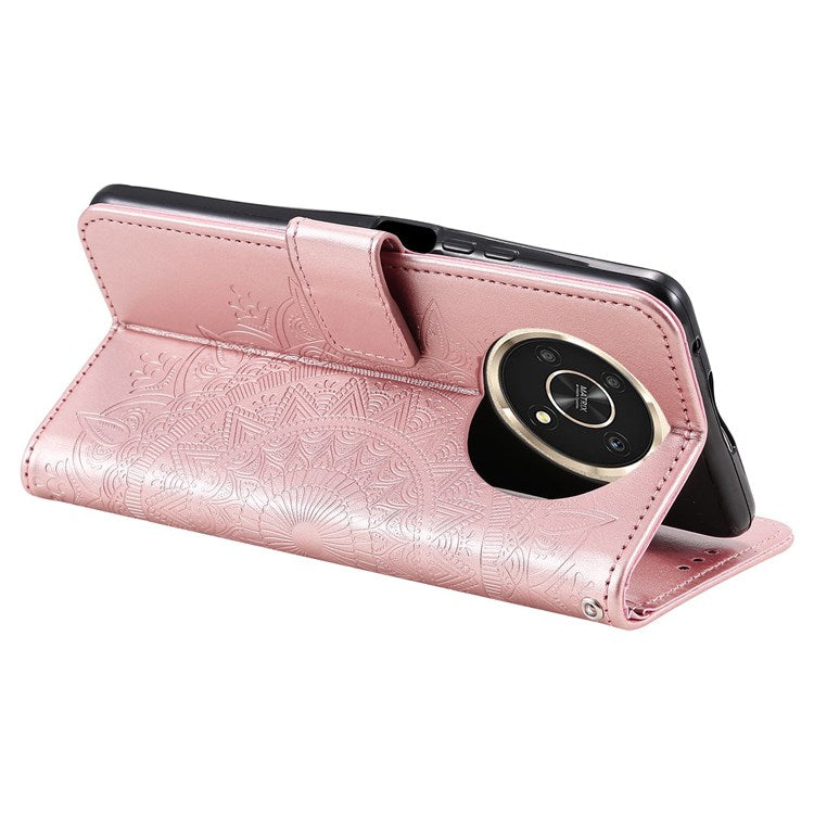 For Honor X30/X9 4G/5G Imprinted Mandala Flower Pattern Wrist Strap Wallet Case PU Leather Stand Feature Flip Cover - Rose Gold