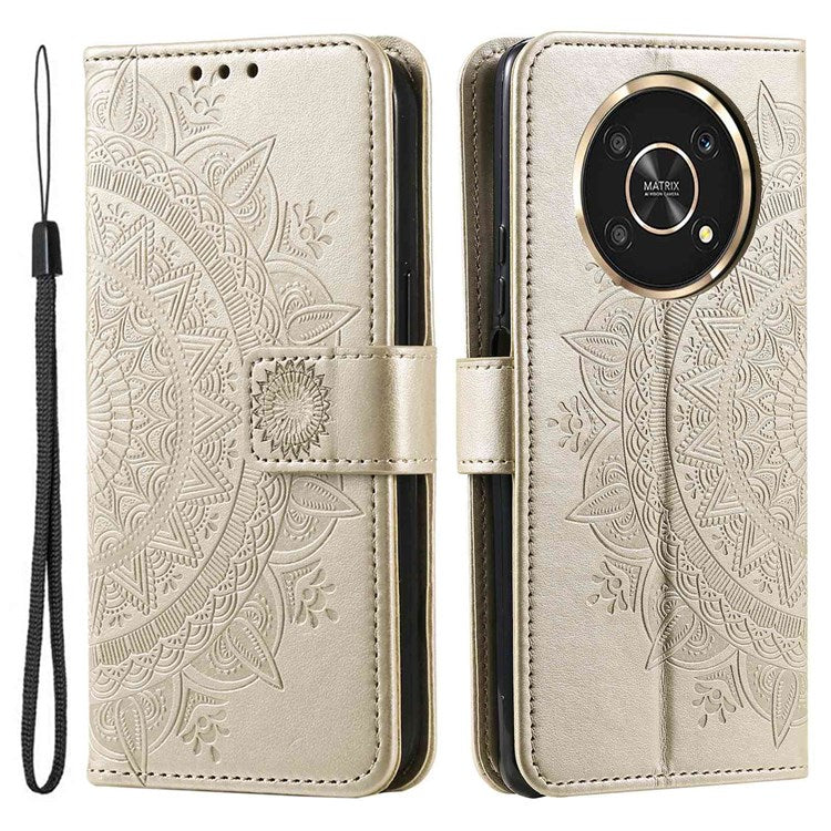 For Honor X30/X9 4G/5G Imprinted Mandala Flower Pattern Wrist Strap Wallet Case PU Leather Stand Feature Flip Cover - Gold