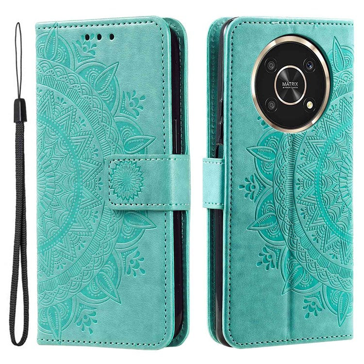 For Honor X30/X9 4G/5G Imprinted Mandala Flower Pattern Wrist Strap Wallet Case PU Leather Stand Feature Flip Cover - Green