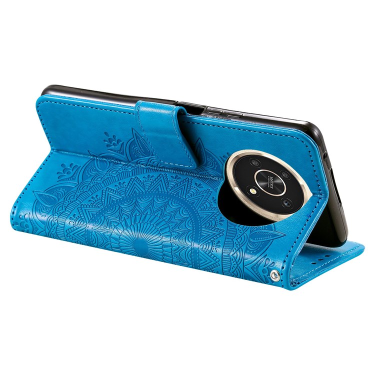 For Honor X30/X9 4G/5G Imprinted Mandala Flower Pattern Wrist Strap Wallet Case PU Leather Stand Feature Flip Cover - Blue