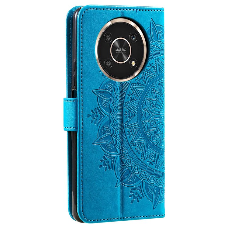 For Honor X30/X9 4G/5G Imprinted Mandala Flower Pattern Wrist Strap Wallet Case PU Leather Stand Feature Flip Cover - Blue