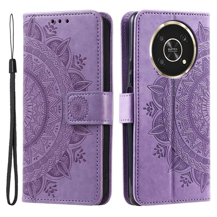 For Honor X30/X9 4G/5G Imprinted Mandala Flower Pattern Wrist Strap Wallet Case PU Leather Stand Feature Flip Cover - Purple