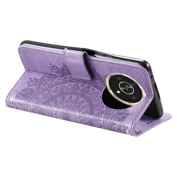 For Honor X30/X9 4G/5G Imprinted Mandala Flower Pattern Wrist Strap Wallet Case PU Leather Stand Feature Flip Cover - Purple