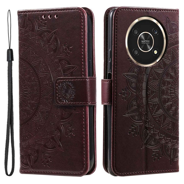 For Honor X30/X9 4G/5G Imprinted Mandala Flower Pattern Wrist Strap Wallet Case PU Leather Stand Feature Flip Cover - Brown