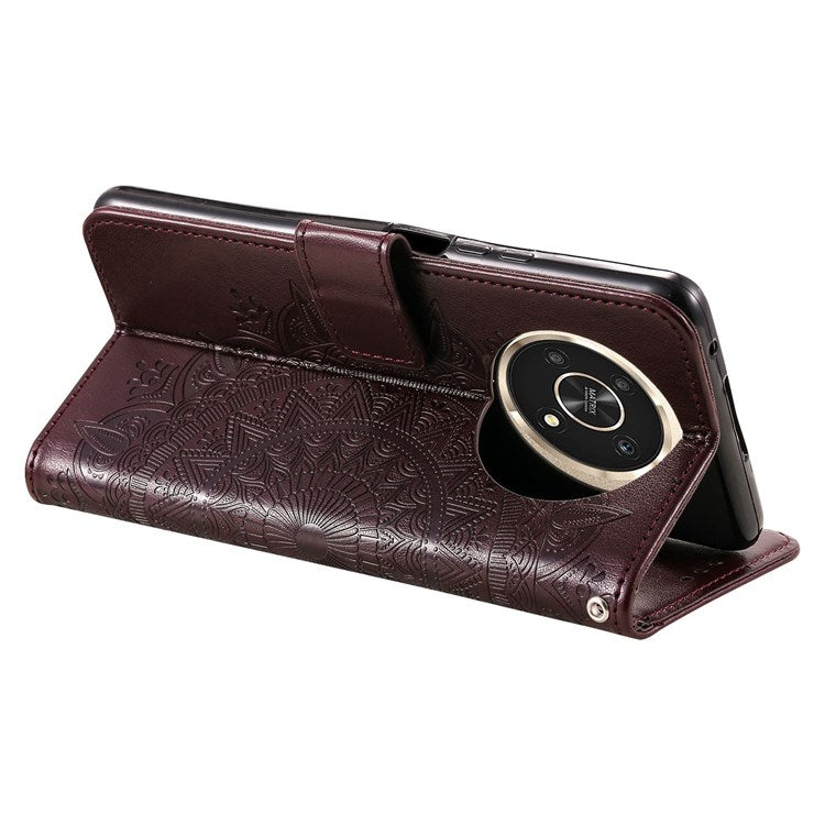 For Honor X30/X9 4G/5G Imprinted Mandala Flower Pattern Wrist Strap Wallet Case PU Leather Stand Feature Flip Cover - Brown