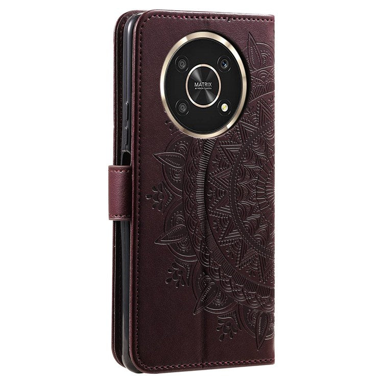 For Honor X30/X9 4G/5G Imprinted Mandala Flower Pattern Wrist Strap Wallet Case PU Leather Stand Feature Flip Cover - Brown
