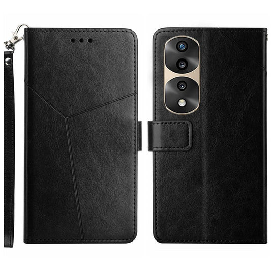 For Honor 70 Pro 5G / 70 Pro+ 5G HT01 Imprinted Y-Shaped Lines Flip Wallet Case PU Leather Stand Magnetic Clasp Protective Cover with Strap - Black