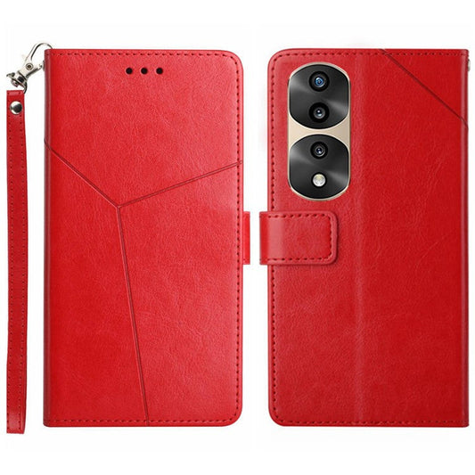 For Honor 70 Pro 5G / 70 Pro+ 5G HT01 Imprinted Y-Shaped Lines Flip Wallet Case PU Leather Stand Magnetic Clasp Protective Cover with Strap - Red