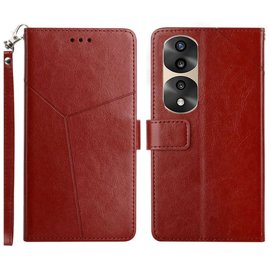 For Honor 70 Pro 5G / 70 Pro+ 5G HT01 Imprinted Y-Shaped Lines Flip Wallet Case PU Leather Stand Magnetic Clasp Protective Cover with Strap - Brown