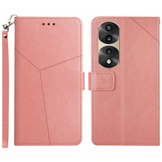 For Honor 70 Pro 5G / 70 Pro+ 5G HT01 Imprinted Y-Shaped Lines Flip Wallet Case PU Leather Stand Magnetic Clasp Protective Cover with Strap - Pink