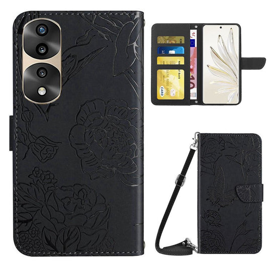 For Honor 70 Pro 5G / 70 Pro+ 5G HT03 Imprinted Butterfly Flowers Phone Case Skin-Touch PU Leather Wallet Style Flip Stand Cover with Shoulder Strap - Black