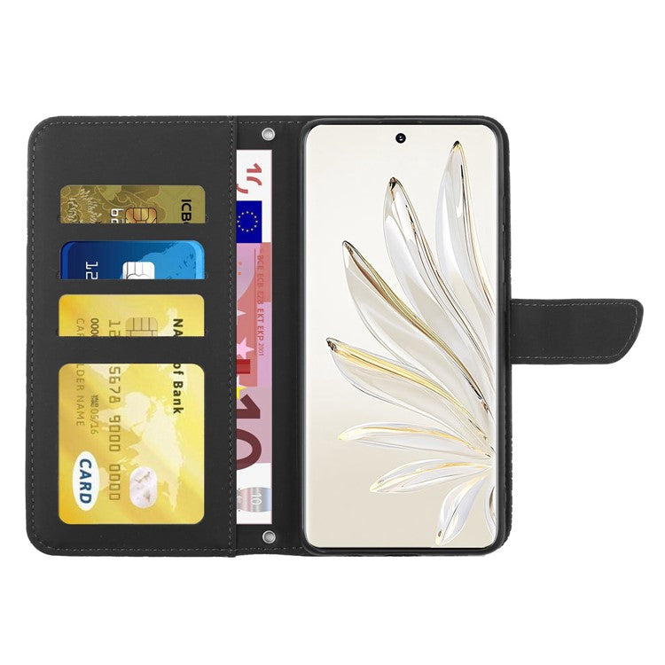 For Honor 70 Pro 5G / 70 Pro+ 5G HT03 Imprinted Butterfly Flowers Phone Case Skin-Touch PU Leather Wallet Style Flip Stand Cover with Shoulder Strap - Black