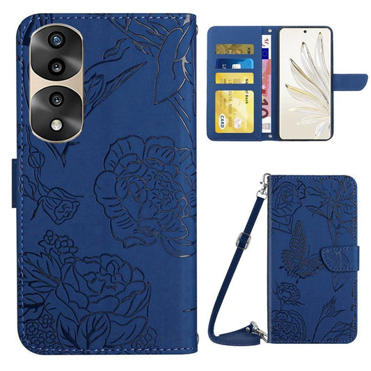 For Honor 70 Pro 5G / 70 Pro+ 5G HT03 Imprinted Butterfly Flowers Phone Case Skin-Touch PU Leather Wallet Style Flip Stand Cover with Shoulder Strap - Blue