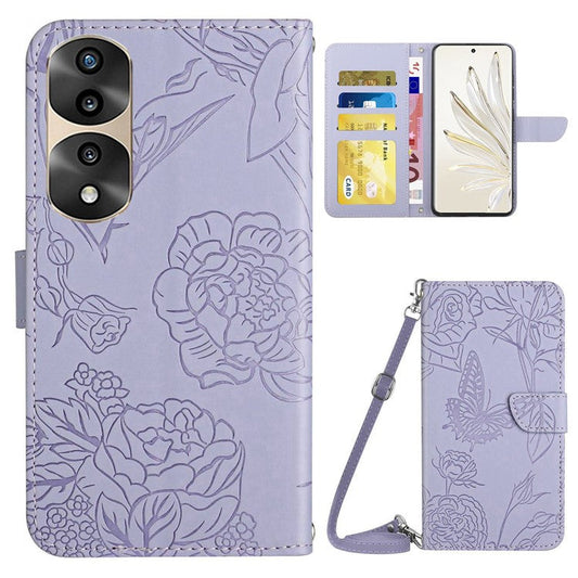 For Honor 70 Pro 5G / 70 Pro+ 5G HT03 Imprinted Butterfly Flowers Phone Case Skin-Touch PU Leather Wallet Style Flip Stand Cover with Shoulder Strap - Light Purple