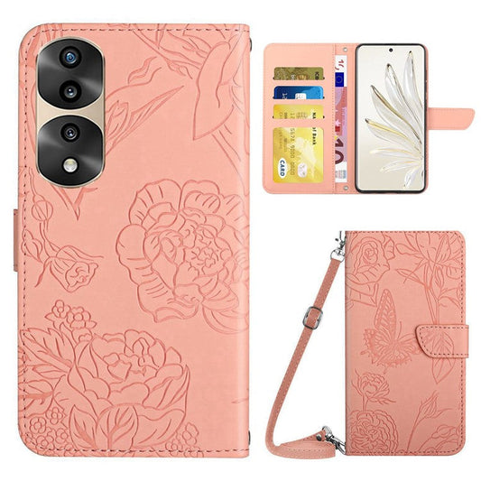 For Honor 70 Pro 5G / 70 Pro+ 5G HT03 Imprinted Butterfly Flowers Phone Case Skin-Touch PU Leather Wallet Style Flip Stand Cover with Shoulder Strap - Pink