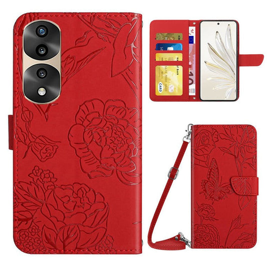 For Honor 70 Pro 5G / 70 Pro+ 5G HT03 Imprinted Butterfly Flowers Phone Case Skin-Touch PU Leather Wallet Style Flip Stand Cover with Shoulder Strap - Red