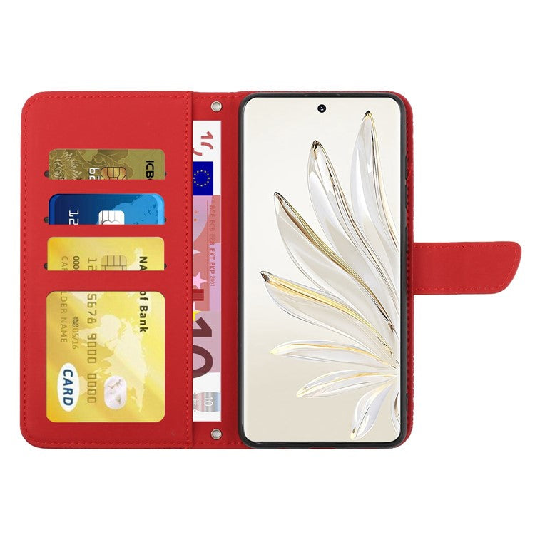 For Honor 70 Pro 5G / 70 Pro+ 5G HT03 Imprinted Butterfly Flowers Phone Case Skin-Touch PU Leather Wallet Style Flip Stand Cover with Shoulder Strap - Red