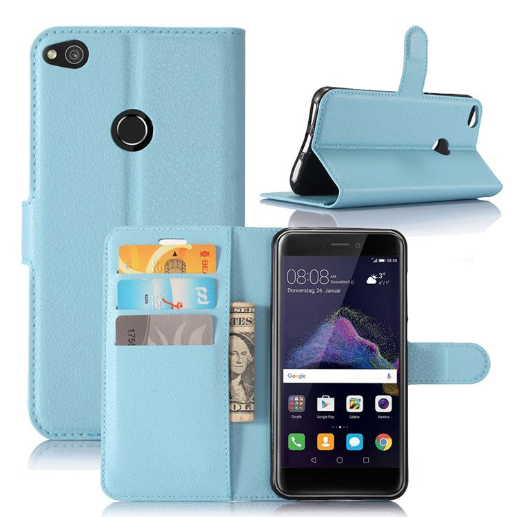 For Huawei P8 Lite (2017) / Honor 8 Lite Litchi Grain Leather Case 3 Card Holders with 1 Cash Pocket Wallet - Blue
