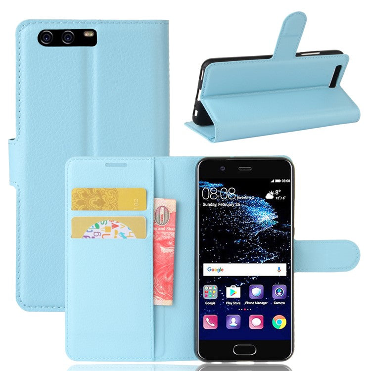 For Huawei P10 Litchi Skin Leather Stand Cover with Separated Wallet Design Anti-Collision Protection - Baby Blue