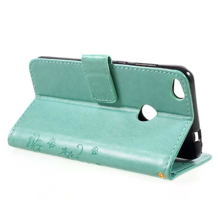 Imprinted Flora Butterflies Leather Phone Case Wallet for Huawei P8 Lite (2017) / Honor 8 Lite - Cyan