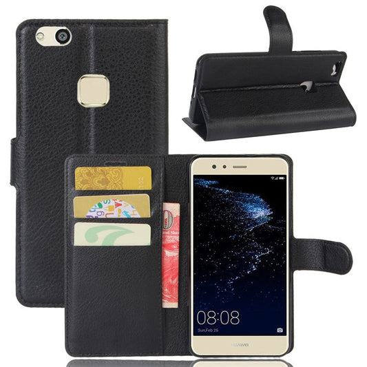 Lychee Litchi Skin Wallet Leather Cover with Stand for Huawei P10 Lite Mobile Cell Phone Accessory - Black