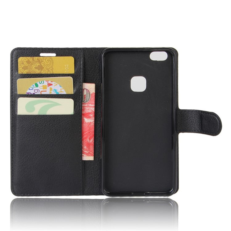 Lychee Litchi Skin Wallet Leather Cover with Stand for Huawei P10 Lite Mobile Cell Phone Accessory - Black