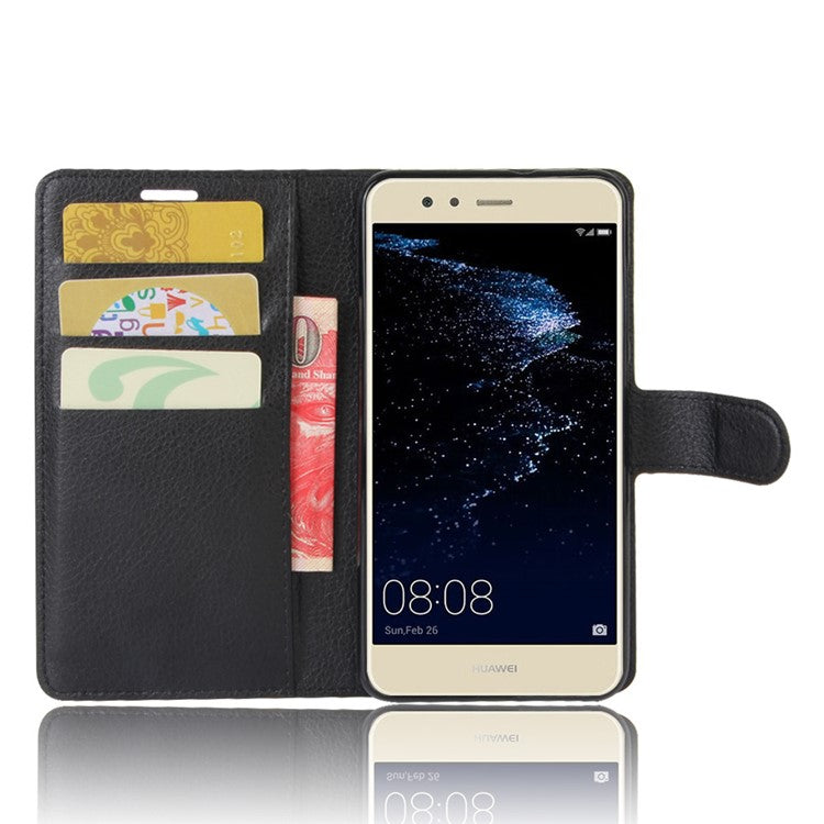 Lychee Litchi Skin Wallet Leather Cover with Stand for Huawei P10 Lite Mobile Cell Phone Accessory - Black