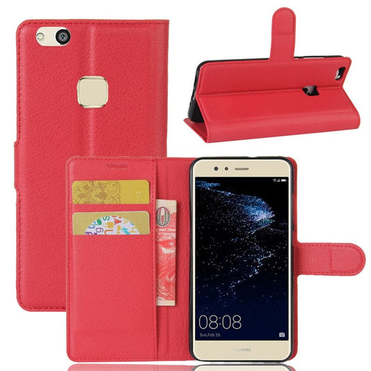 Lychee Litchi Skin Wallet Leather Cover with Stand for Huawei P10 Lite Mobile Cell Phone Accessory - Red