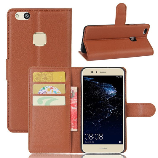 Lychee Litchi Skin Wallet Leather Cover with Stand for Huawei P10 Lite Mobile Cell Phone Accessory - Brown