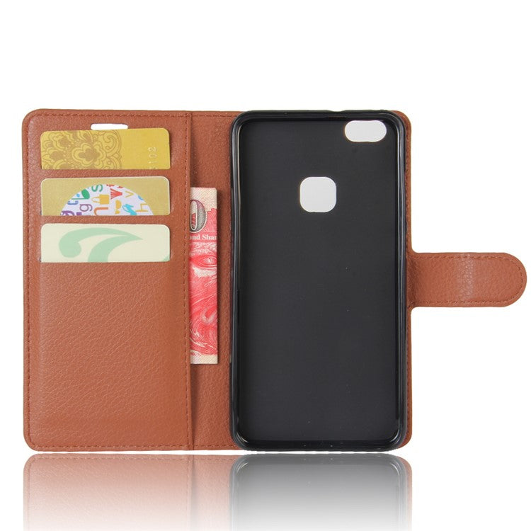 Lychee Litchi Skin Wallet Leather Cover with Stand for Huawei P10 Lite Mobile Cell Phone Accessory - Brown