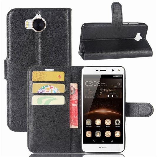 Lychee Skin Wallet Leather Stand Case for Huawei Y5 (2017) / Y6 (2017) - Black