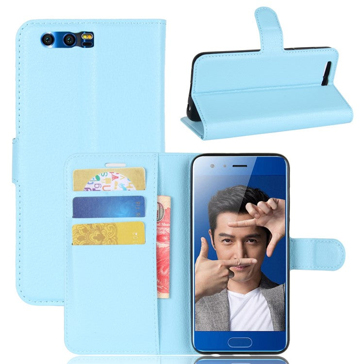 For Huawei Honor 9 Litchi Texture PU Leather Wallet Stand Phone Case Shell - Baby Blue