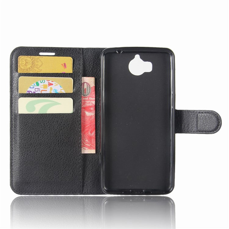 For Huawei Y5 (2017) / Y6 (2017) Litchi Texture PU Leather Card Slots Stand Phone Casing - Black