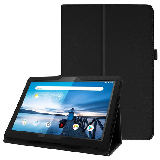 Anti-scratch Shockproof Litchi Texture Leather Stand Protective Phone Case Cover for Lenovo Tab M10 TB-X605F - Black