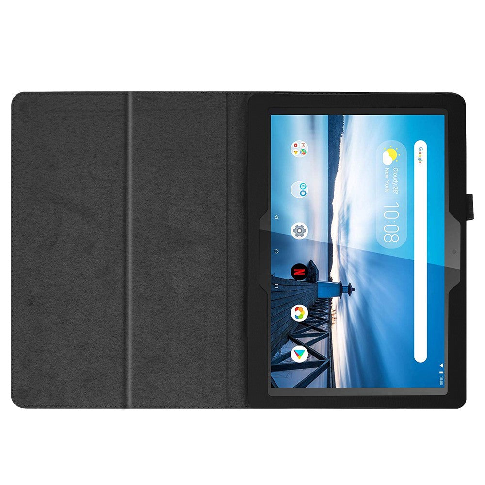 Anti-scratch Shockproof Litchi Texture Leather Stand Protective Phone Case Cover for Lenovo Tab M10 TB-X605F - Black