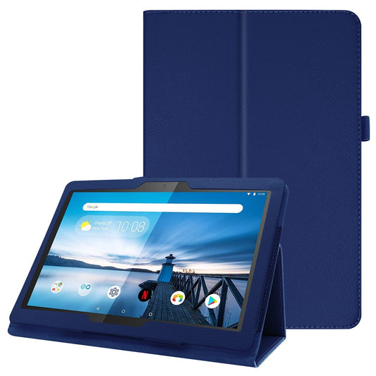 Anti-scratch Shockproof Litchi Texture Leather Stand Protective Phone Case Cover for Lenovo Tab M10 TB-X605F - Dark Blue
